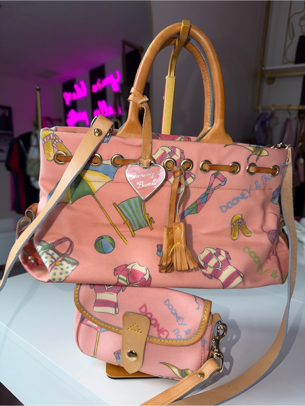 Dooney & Bourke Beach Collection Pink Tote + Matching Wristlet Rare Y2K Bundle